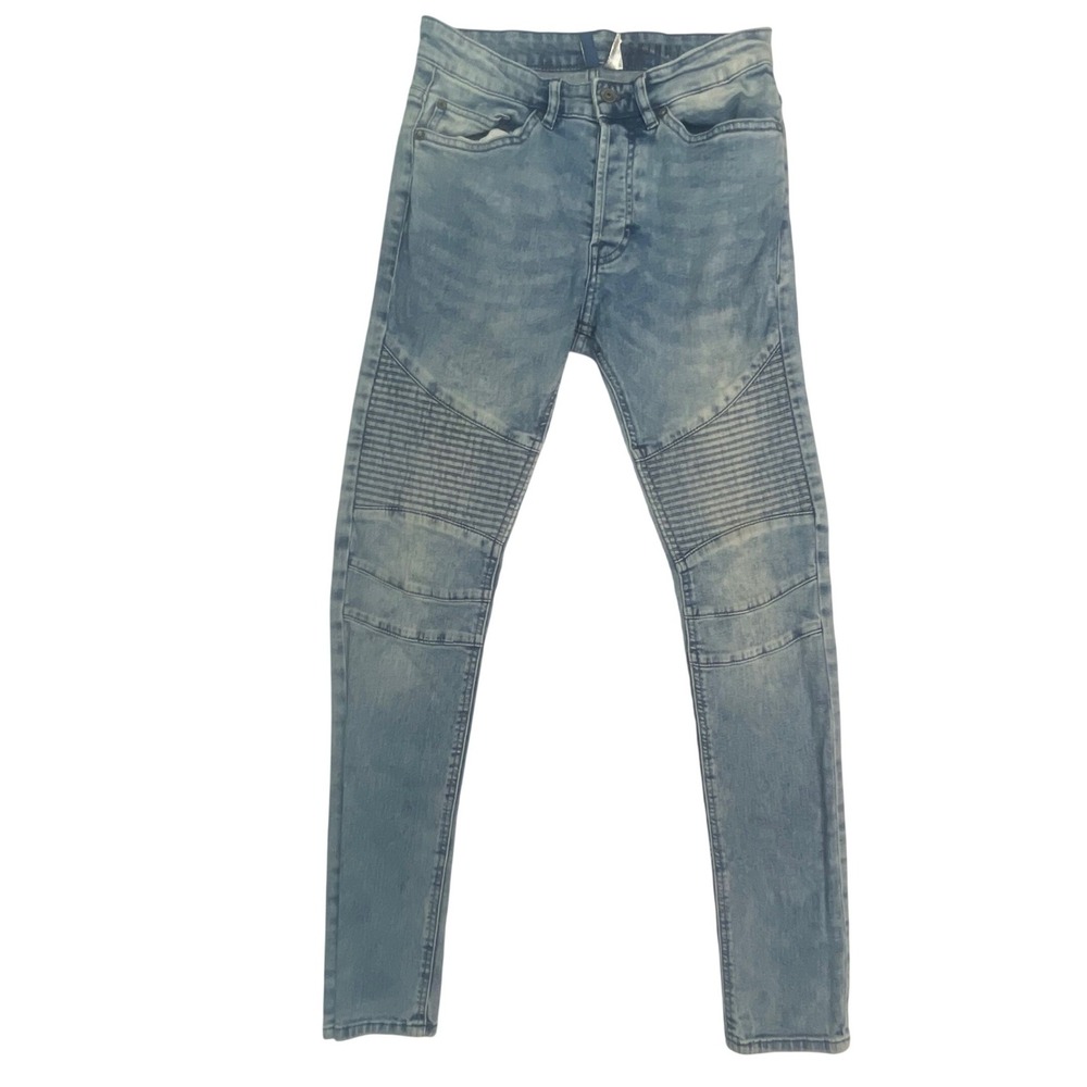 H&M Divided Mens Skinny Biker Moto Jeans Light Wash‎ Blue Ribbed Size 28